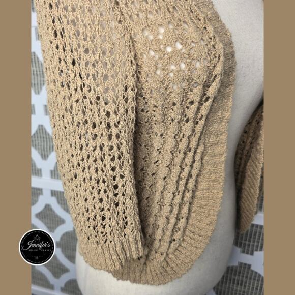 Cable & Gauge Tan Open Crochet Weave 3/4 Sleeve Open Front Cardigan Size L - Picture 5 of 9